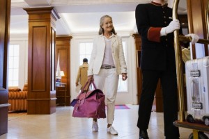 Woman entering hotel